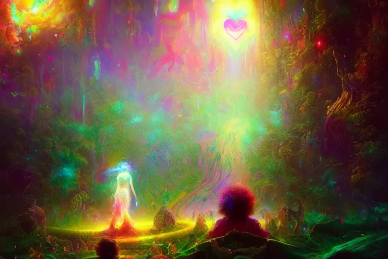 Image similar to a psychedelic realm hidden away in a pocket of ethereal understanding / astral beings sharing love greg rutkowski wlop lisa frank bob ross / ruan jia / illustration