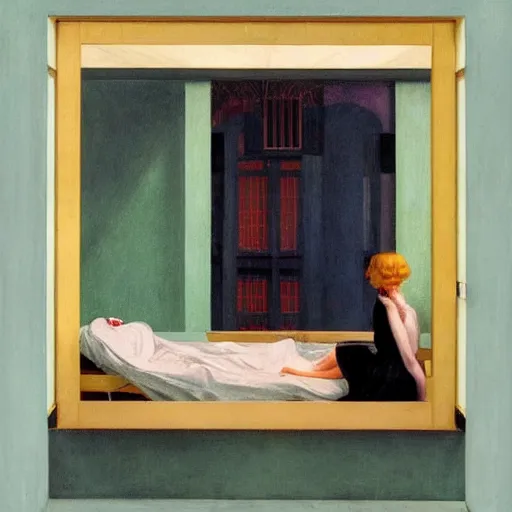 Prompt: a woman in an hospital, a lots of crows, hyperrealistic film still by edward hopper, by gottfried helnwein, by klimt, by paolo uccello, art nouveau, highly detailed, strong lights, liminal, eerie, symbolist, bright pastel colors