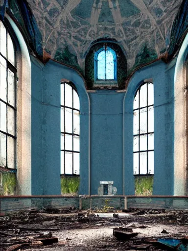 Image similar to interior of an abandoned, overgrown church, blue color palette, photo, digital art, detailed, intricate complexity, artstation