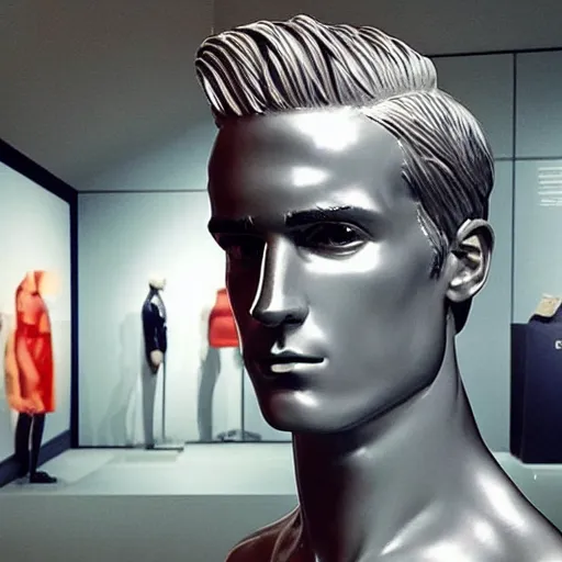 Image similar to “ a realistic detailed photo of a guy who is an attractive humanoid who is half robot and half humanoid, who is a male android, soccer player antoine griezmann, shiny skin, posing like a statue, blank stare, at the museum, on display ”