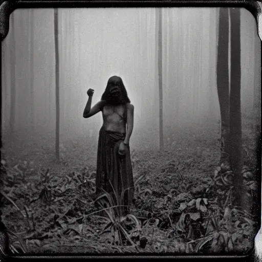 Prompt: an ancient evil-girl devouring the human souls on a mysterious Colombian jungle, mist, 1910 polaroid photography, grainy film, Black and white