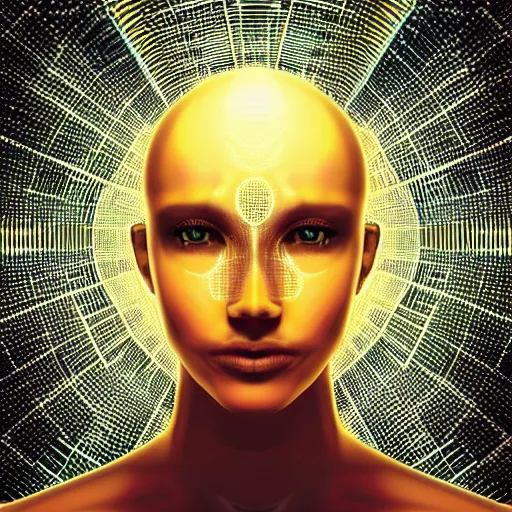 Prompt: an insanely detailed cibernetic artwork of a futuristic artificial intelligence superstar, centered image, perfectly symmetrical face, with frames made of detailed fractals, octsne render, 4k, insanely detailed, detailed grid as background, cgi