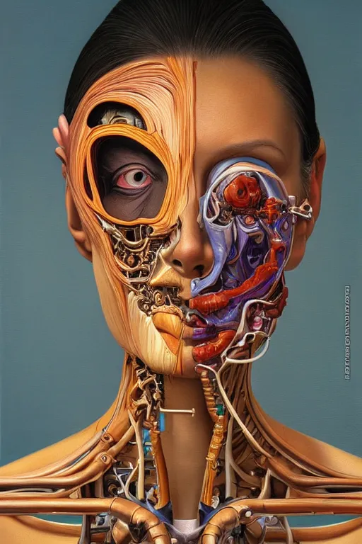 Prompt: beautiful oil painting portrait of biomechanical woman face connected to the machine by casey weldon, wayne thiebaud, wayne barlowe, rembrandt, complex, stunning, realistic skin color, 4 k, high res, awardwinning, masterpiece, realistic lighting