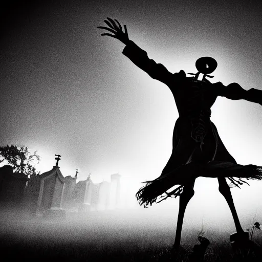 Image similar to A Skelton dancing in a grave yard, gloomy, dark, night time, foggy, dark colored, atmospheric