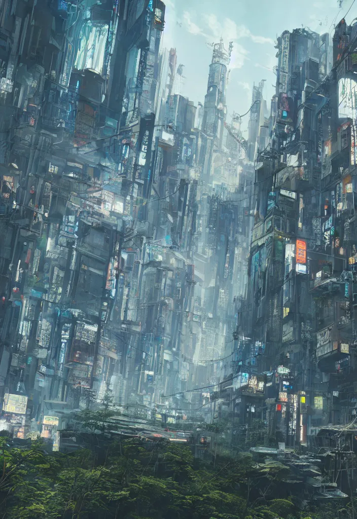 Prompt: illustration of cyberpunk ruins Tokyo in sky reclaimed by nature, by Otomo Katsuhiro and Annibale Siconolfi, cgsociety, 8K, unreal engine