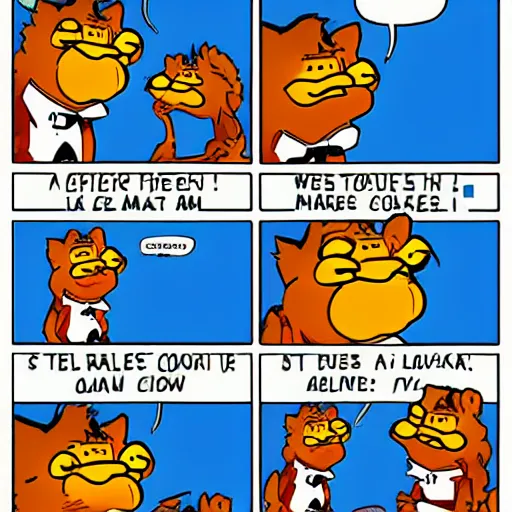 Prompt: a garfield comic, 4 panels, clear text with joke setup and punchline