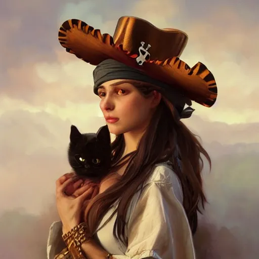 Image similar to Portrait of a Cat wearing a Pirate hat, photo, highly detailed oil painting, photorealistic, highly detailed, digital painting, artstation, concept art, smooth, sharp focus, illustration, art by artgerm and greg rutkowski and alphonse mucha