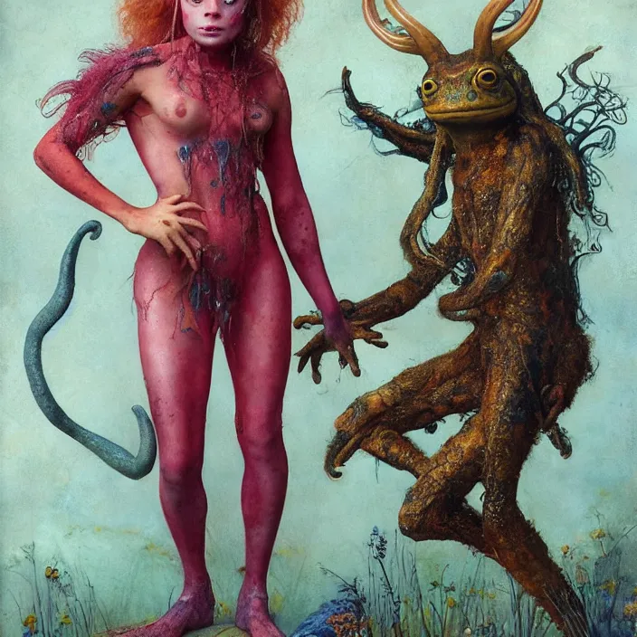 Prompt: a portrait photograph of sadie sink as a brightly colored satyr amphibian hybrid with wet mutated skin. wearing a catsuit many body modifications. by tom bagshaw, donato giancola, hans holbein, walton ford, gaston bussiere, brian froud, peter mohrbacher and magali villeneuve. 8 k, cgsociety