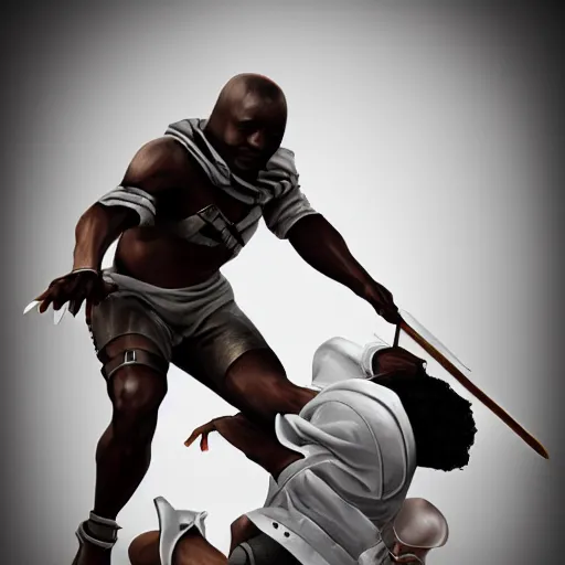 Image similar to a photorealistic digital painting of a human black chess pawn attacking a human white chess king with a spear. trending on artstation.