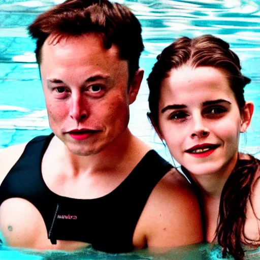 Prompt: elon musk training young emma watson how to swim cinestill 800t