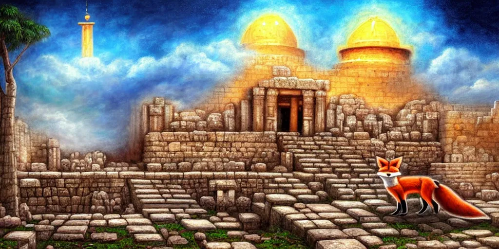 Image similar to illusion painting hidden temple : an adorable small fox in the huge ruins of the second temple in jerusalem in the distance. the third temple hovers quietly hiding in the dreamy clouds above. a hooded bearded old man in a brown tunic laughing, colorful 8 k, art station, intricate superb details, digital art, illusion painting hidden image.