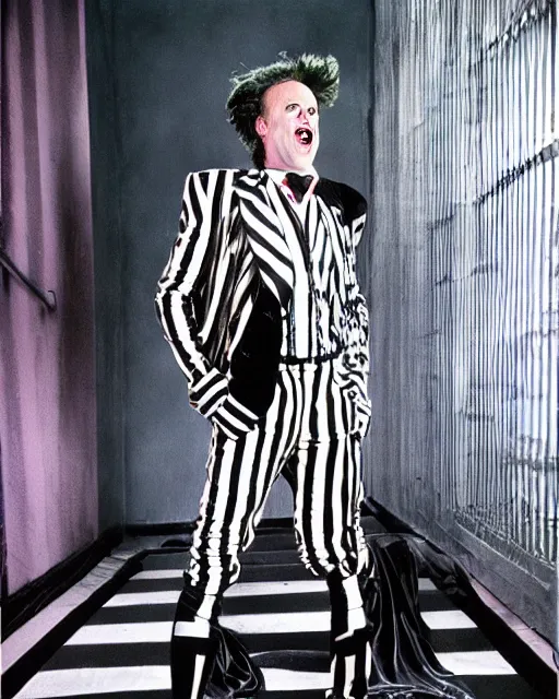 Image similar to photoshoot of michael keaton as beetlejuice, photoshoot in the style of annie leibovitz