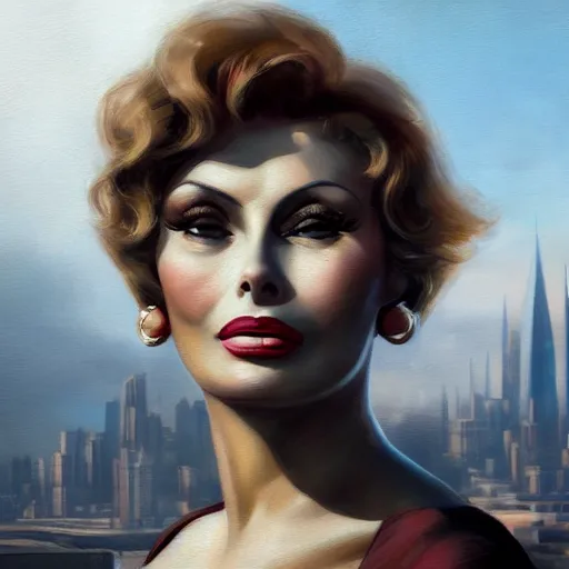 Image similar to closeup portrait of a young sophia loren, 1 9 2 0 s, femme fatale, city background, megacity, high fantasy, dramatic light, gorgeous view, depth, high detail, digital art, painted by greg rutkowski, trending on artstation