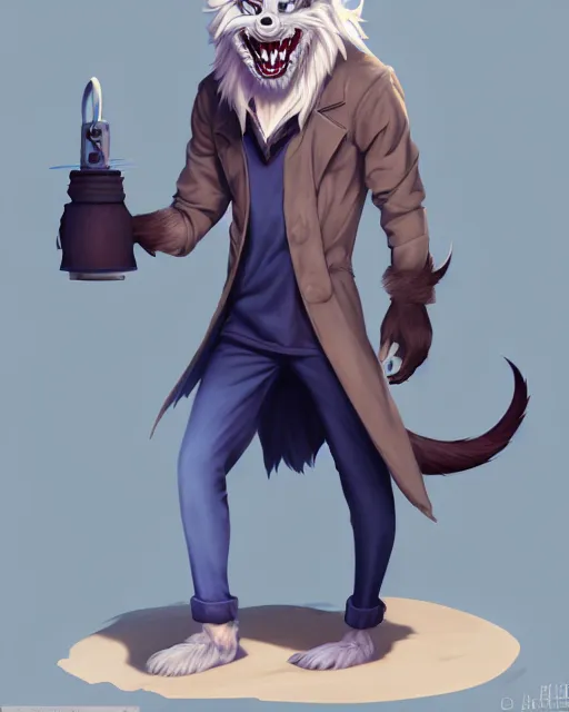Prompt: character concept art, cute adult male anthropomorphic furry, cute fine face, darkblue werewolf, pants, pretty face, key visual, long human lightblue hair, realistic shaded furry face, fine details by stanley artgerm lau, wlop, rossdraws, james jean, andrei riabovitchev, marc simonetti, and sakimichan