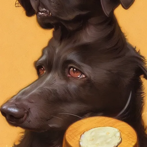 Prompt: a portrait of Dog devouring cheese, highly detailed, digital painting, artstation, concept art, sharp focus, illustration, art by artgerm and greg rutkowski and alphonse mucha