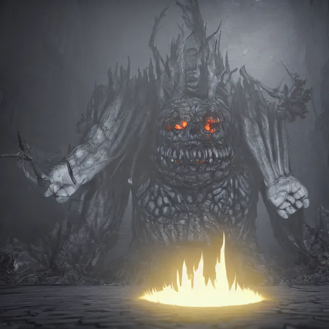 Image similar to sans undertale monster reimagined as a boss in dark souls, dark cinematic, volumetric, realistic, cinematic lighting, ray tracing, unreal engine 5, unreal engine render, octane render, hyper realistic, photo, 8 k