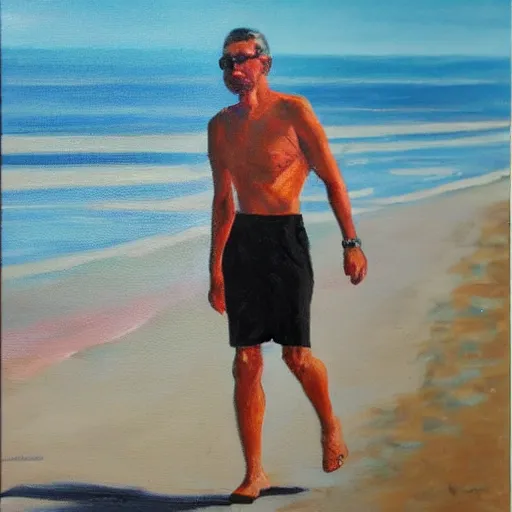 Image similar to a man walking in a sunny day in the beach with black shorts, oil painting