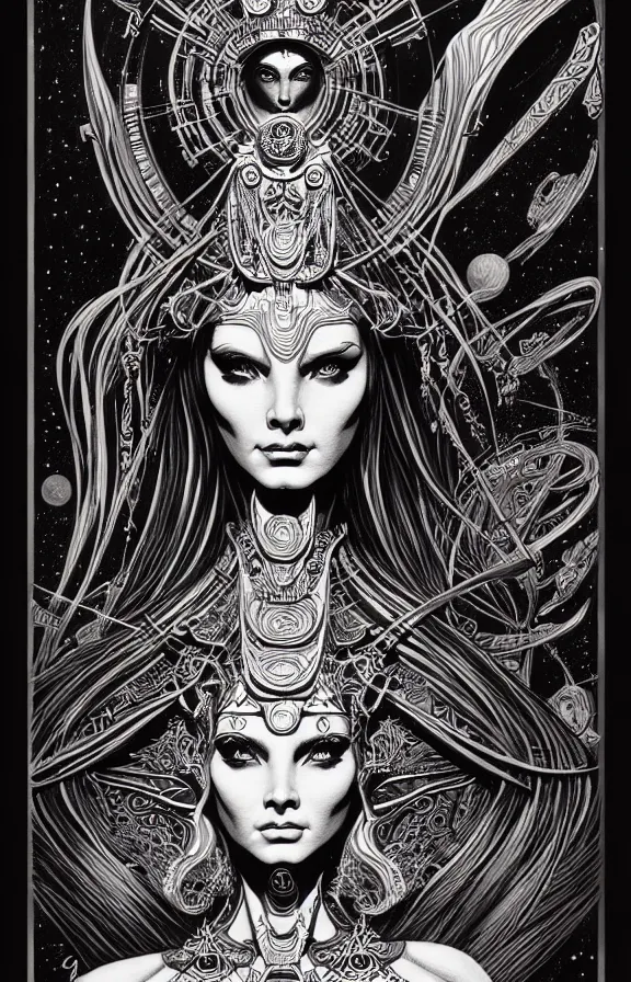 Image similar to ancient goddess, extremely detailed, bold line art, by vincent di fate and joe fenton and artgerm, oizys, inking, etching, screen print, inkblots of color, masterpiece, trending on artstation, sharp, high contrast, hyper realistic, hd, 4 k, 8 k