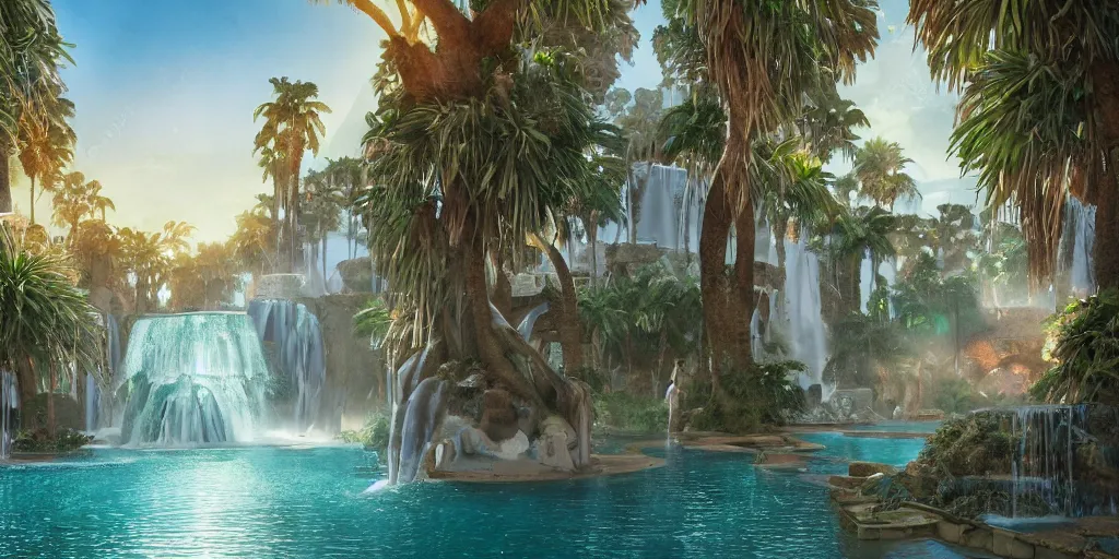 Image similar to beautiful oasis waterfalls surrounded by palm trees, moroccan tile archways, date trees, ivory towers, sun setting, ross tran, nephilim, pyroclastic flow, ethereal, fantasy, james jean, oozium, peter morbacher angelarium alchemy luxury heavenly light soft illumination, trending on artstation, cinematic lighting, digital painting, octane render, artgerm