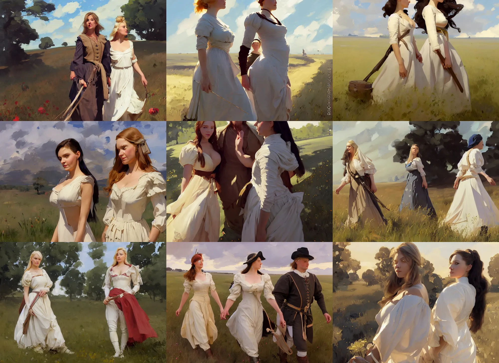 Prompt: two beautiful finnish norwegian swedish scandinavian attractive glamour models wearing 1 7 th century mantua with low neckline walking in the field in a sunny day, jodhpurs greg manchess painting by sargent and leyendecker, studio ghibli fantasy close - up shot asymmetrical intricate elegant matte painting illustration hearthstone, by greg rutkowski by greg tocchini by james gilleard