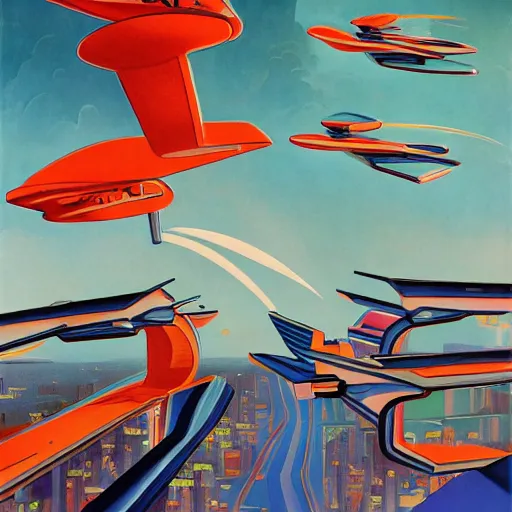 Image similar to flying cars, megacity, the jetsons. Painting by Wyndham Lewis. vaporwave, intricate, hyperrealistic, ultra fine detail, ultra high resolution, fine texture detail, cinematic, 8k, photorealistic, epic photo, trending on artstation