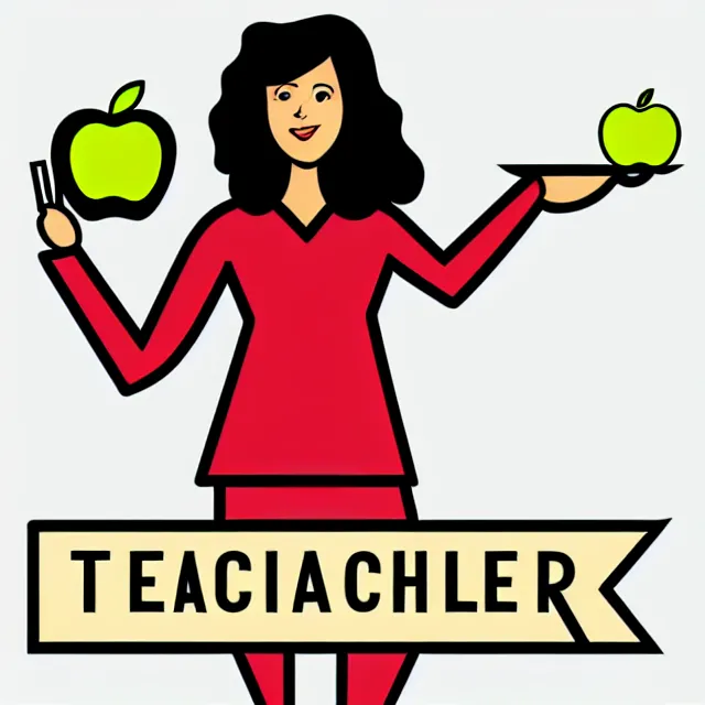 Image similar to female teacher holding apple like puck in goalie pose vector logo, professional NHL sports style, flat colours, bright colours, Adobe EPS, SVG, professional, sharp edges