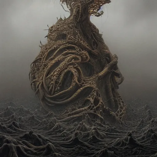 Image similar to Realistic creatue of Zdzisław Beksiński .concept art, wide angle shot, oriental fantasy, Peter Mohrbacher, insanely detailed and intricate, golden ratio, hypermaximalist, matte painting, cinematic, cgsociety, James jean, Brian froud, ross tran,octane render , unreal engine , hyper realistic , 8k render , octane render