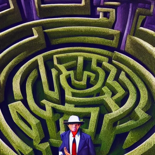 Image similar to A suited man in a hat, standing in the middle of a giant circular head-shaped labyrinth maze, overhead shot, wide shot, painting, stylistic, art by Norman Rockwell