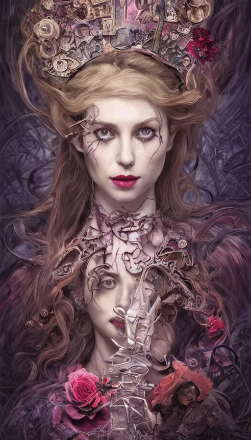 Image similar to twisted alice in wonderland, fame of thrones, lord of daggers, neon, fibonacci, sweat drops, intricate fashion clothing, insane, intricate, highly detailed, surrealistic, digital painting, artstation, concept art, smooth, sharp focus, illustration, Unreal Engine 5, 8K, art by artgerm and greg rutkowski and alphonse mucha