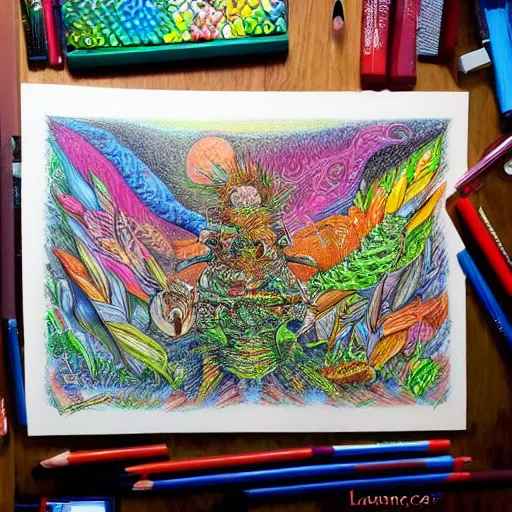 Image similar to Colored pencil art on paper, Terraria, hyper detailed, artstation, MasterPiece, Award-Winning, Caran d'Ache Luminance