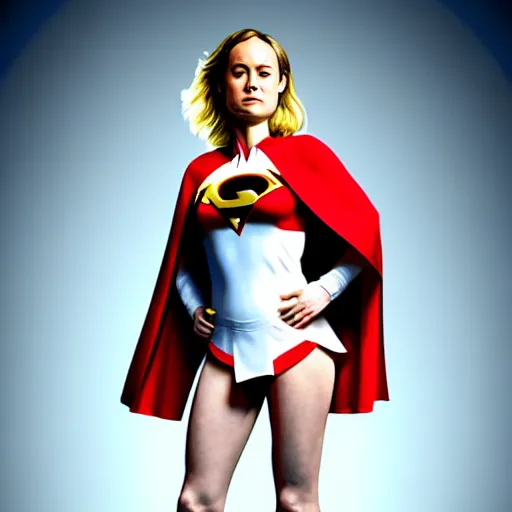 Prompt: brie larson as dc comics'' power girl ', full body with white leotard costume and cape and chest keyhole, pinup photo, 4 k