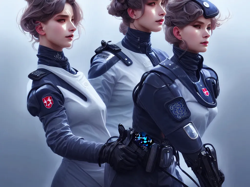 Image similar to portrait futuristic swiss police uniform female, at future neon light rooftop, ssci - fi and fantasy, intricate and very very beautiful and elegant, highly detailed, digital painting, artstation, concept art, smooth and sharp focus, illustration, art by tan zi and ayanamikodon and alphonse mucha and wlop