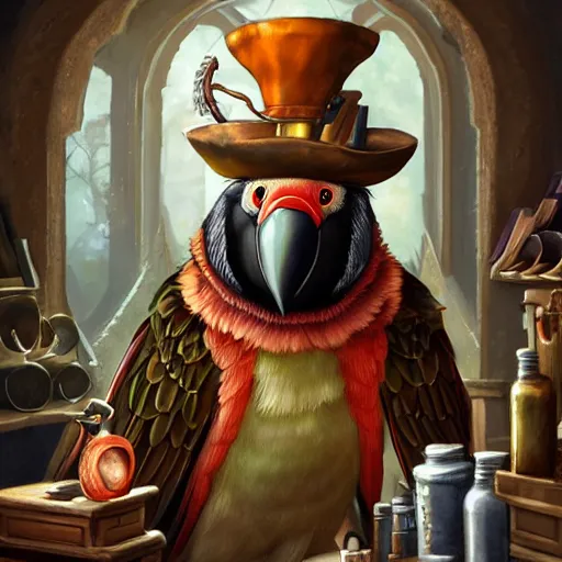 Prompt: Anthropomorphized parrot trader in his shop, portrait, items, weapons, magic potions, trinkets, carpet, lamps, window, fancy hat, sly expression, cunning expression, cute expression, long thick shiny black beak, D&D, fantasy, cinematic lighting, highly detailed, digital painting, artstation, concept art, smooth, sharp focus, illustration, warm light, cozy warm tint, magic the gathering artwork, volumetric lighting, 8k, art by Akihiko Yoshida, Greg Rutkowski