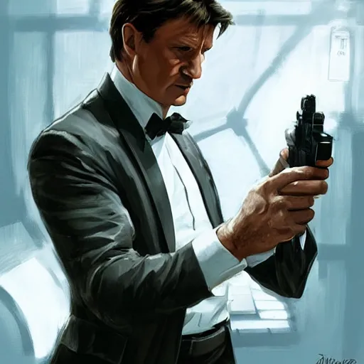 Image similar to Nathan Fillion as James Bond in Goldeneye 007 silently dispatching a guard on the toilet in facility , D&D, cinematic, intricate, elegant, highly detailed, movie still, artstation, concept art, smooth, sharp focus, illustration, art by artgerm and greg rutkowski and alphonse much