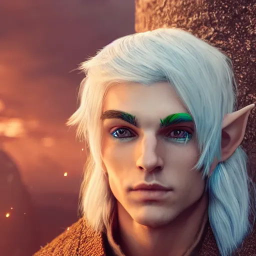 Image similar to a highly detailed portrait male elf, with white long hair, white clothes, bright blue eyes, artstation, DeviantArt, professional, octane render