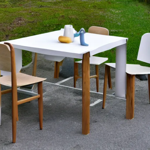 Image similar to a dining set made from pure recycled materials, conceptual art