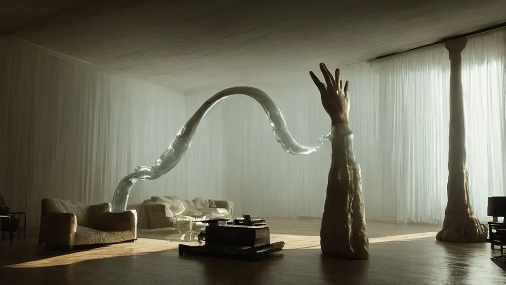 Image similar to a giant hand made of wax and water floats through the living room, film still from the movie directed by Denis Villeneuve with art direction by Salvador Dalí, wide lens