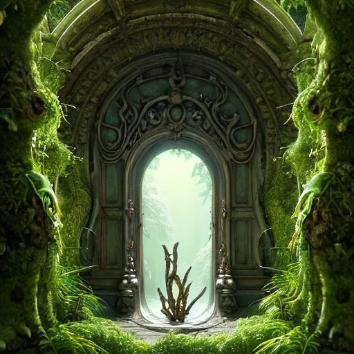 Image similar to doorway to a creature in a lush trunda vegetation, snow snow :: by Michal Karcz, Daniel Merriam, Victo Ngai and Guillermo del toro :: ornate, dynamic, particulate, intricate, elegant, highly detailed, centered, artstation, smooth, sharp focus, octane render, 3d