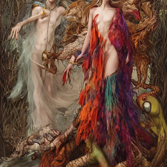 Image similar to a fashion editorial of cate blanchet as a brightly colored eagle amphibian hybrid with wet translucent mutated skin. wearing a mutated organic dress. by tom bagshaw, donato giancola, hans holbein, walton ford, gaston bussiere and peter mohrbacher. 8 k, cgsociety