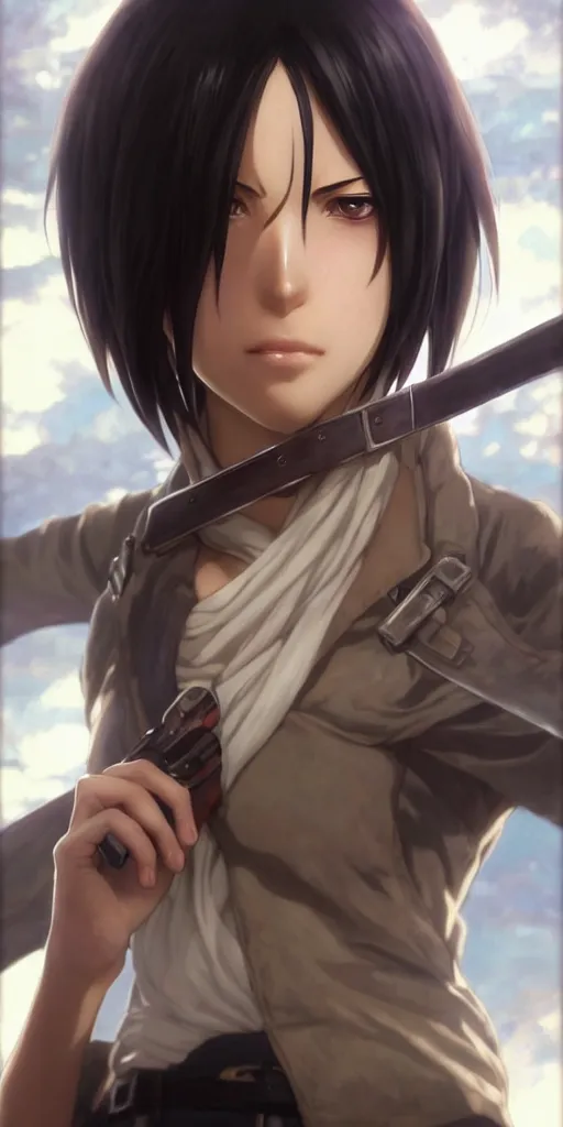 Image similar to mikasa ackerman, hero pose, medium shot, bokeh, beautiful face!!!!, 2 7 years old, cg animation, lifelike, animated, realistic, character select portrait, by artgerm, greg rutkowski, alphonse mucha, 3 d