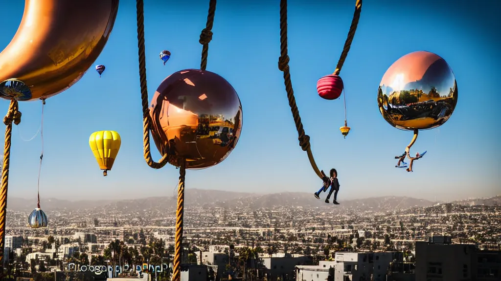 Image similar to large colorful futuristic space age metallic steampunk balloons with pipework and electrical wiring around the outside, and people on rope swings underneath, flying high over the beautiful los angeles city landscape, professional photography, 8 0 mm telephoto lens, realistic, detailed, photorealistic, photojournalism