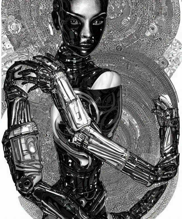 Prompt: a woman turning into an android, portrait, wearing aa cybernetic body, surrealism, intricate detail, ornate armor