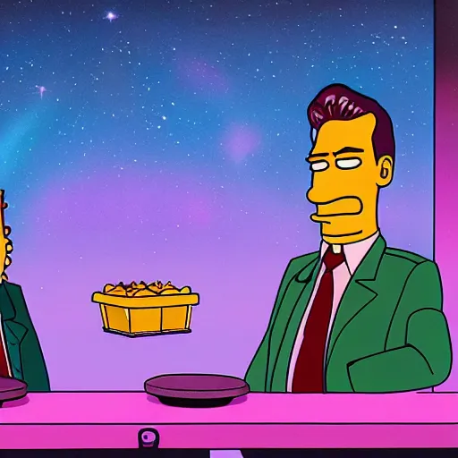 Image similar to scene depicting seymour skinner serving up steamed hams while the aurora borealis reflects in the other room, cartoon, realistic studio lighting, hand sketched colour,