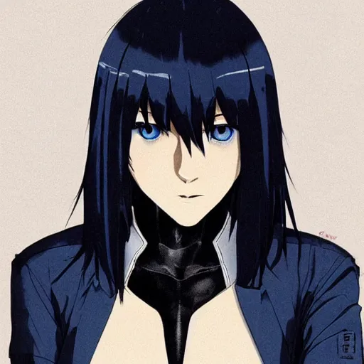 Prompt: « portrait, attractive, blue eyes, black hair, middle length hair, ghost in the shell, front view, kj, manga »