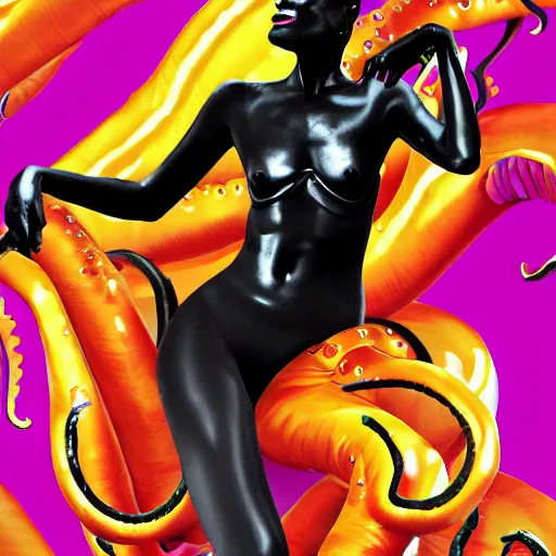 Prompt: grace jones riding on a giant squid, digital art