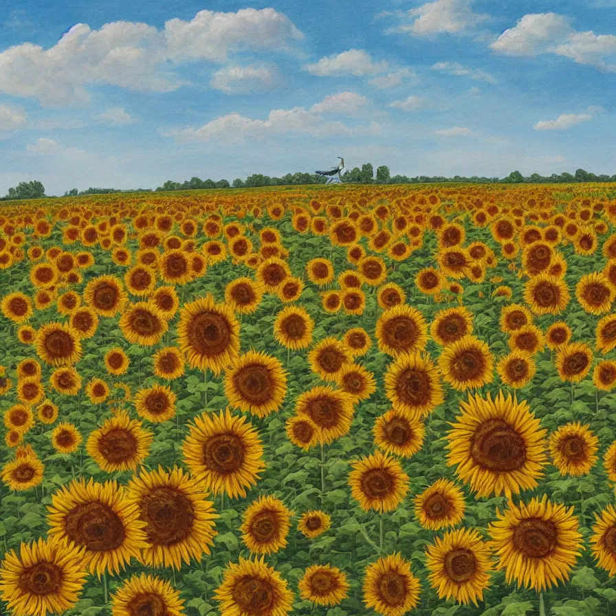 Image similar to Artwork illustrating sentient walking sunflowers walking deserted farm fields in a surrealist style.