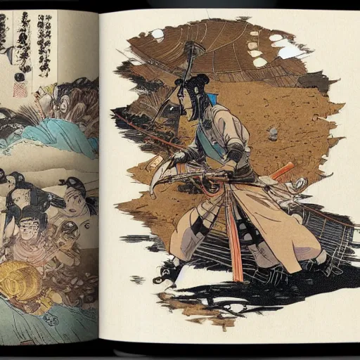 Prompt: japanese samurai riding a bicycle that looks like Borderlands and by Feng Zhu and Loish and Laurie Greasley, Victo Ngai, Andreas Rocha, John Harris