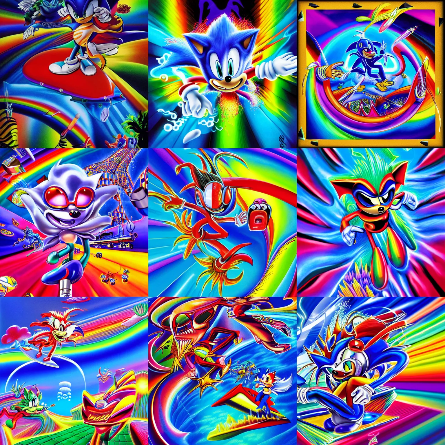 Prompt: surreal, sharp, detailed professional, high quality airbrush art mgmt album cover of a liquid dissolving airbrush art lsd dmt sonic the hedgehog surfing through cyberspace, rainbow checkerboard background, 1 9 9 0 s 1 9 9 2 sega genesis airbrush art video game album cover