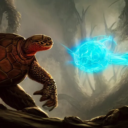 Image similar to Anthropomorphized Turtle casting epic spell, magic the gathering artwork, D&D, fantasy, cinematic lighting, centered, symmetrical, highly detailed, digital painting, artstation, concept art, smooth, sharp focus, illustration, volumetric lighting, epic Composition, 8k, art by Akihiko Yoshida and Greg Rutkowski and Craig Mullins, heroic pose, oil painting, cgsociety, magic lab background