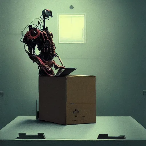 Prompt: A cyborg holding a cardboard box full of desk items at a desk by Beksinski, Greg Rutkowski